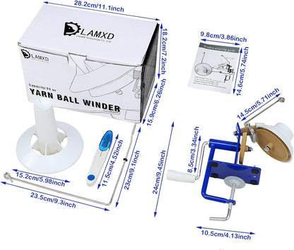 LAMXD Needlecraft Large Jumbo Metal Yarn/Wool/String/Fiber Ball Winder Hand Operated,10-Ounce,with Thread Cutter Scissors, Blue and White