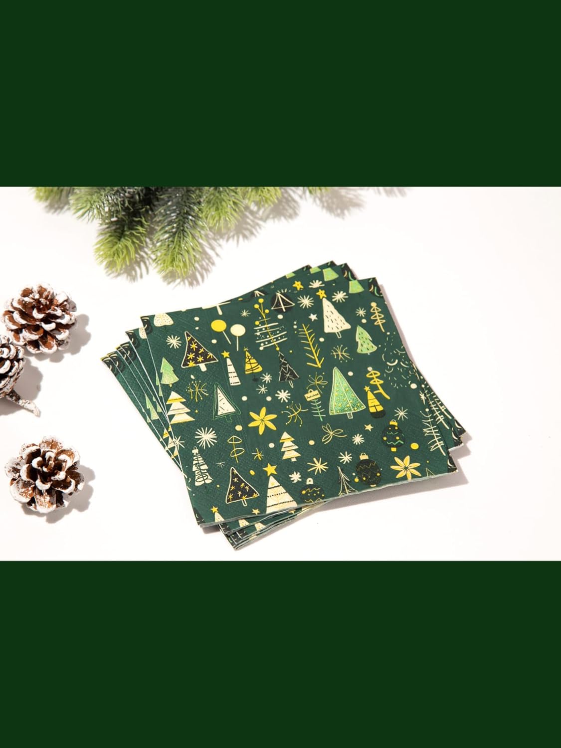 Premium Designer Paper Napkins, 3-Ply 6.5 x 6.5-inches Fold Disposable Decorative Winter Guest Christmas Holly Green Festive New Year Tree Party Lunch Dinner Napkin (50, Festive Green)