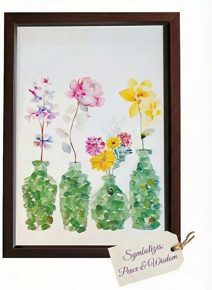 Boohyjtong DIY Natural Crystal Mosaic Art Kit for Adults (Framed) - Genuine Green Gemstone Flower Vase 3D Wall Decor. Includes A4 Frame, Glue & Tools. Relaxing Crushed Stone Craft Gift for Women