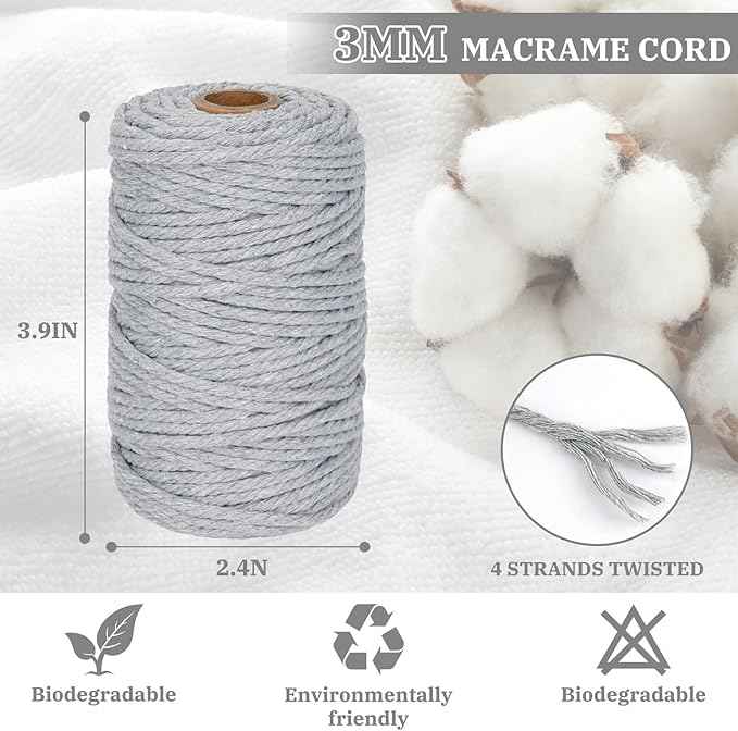 Macrame Cord 3mm x 164 Yards, 3 Rolls Gray Colored Macrame Cotton Cord Rope Kit Macrame Yarns Bulk String 4 Strands Twisted for Wall Hanger Plant Hanging DIY Crafts Knitting Macrame Supplies