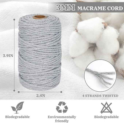 Macrame Cord 3mm x 164 Yards, 3 Rolls Gray Colored Macrame Cotton Cord Rope Kit Macrame Yarns Bulk String 4 Strands Twisted for Wall Hanger Plant Hanging DIY Crafts Knitting Macrame Supplies