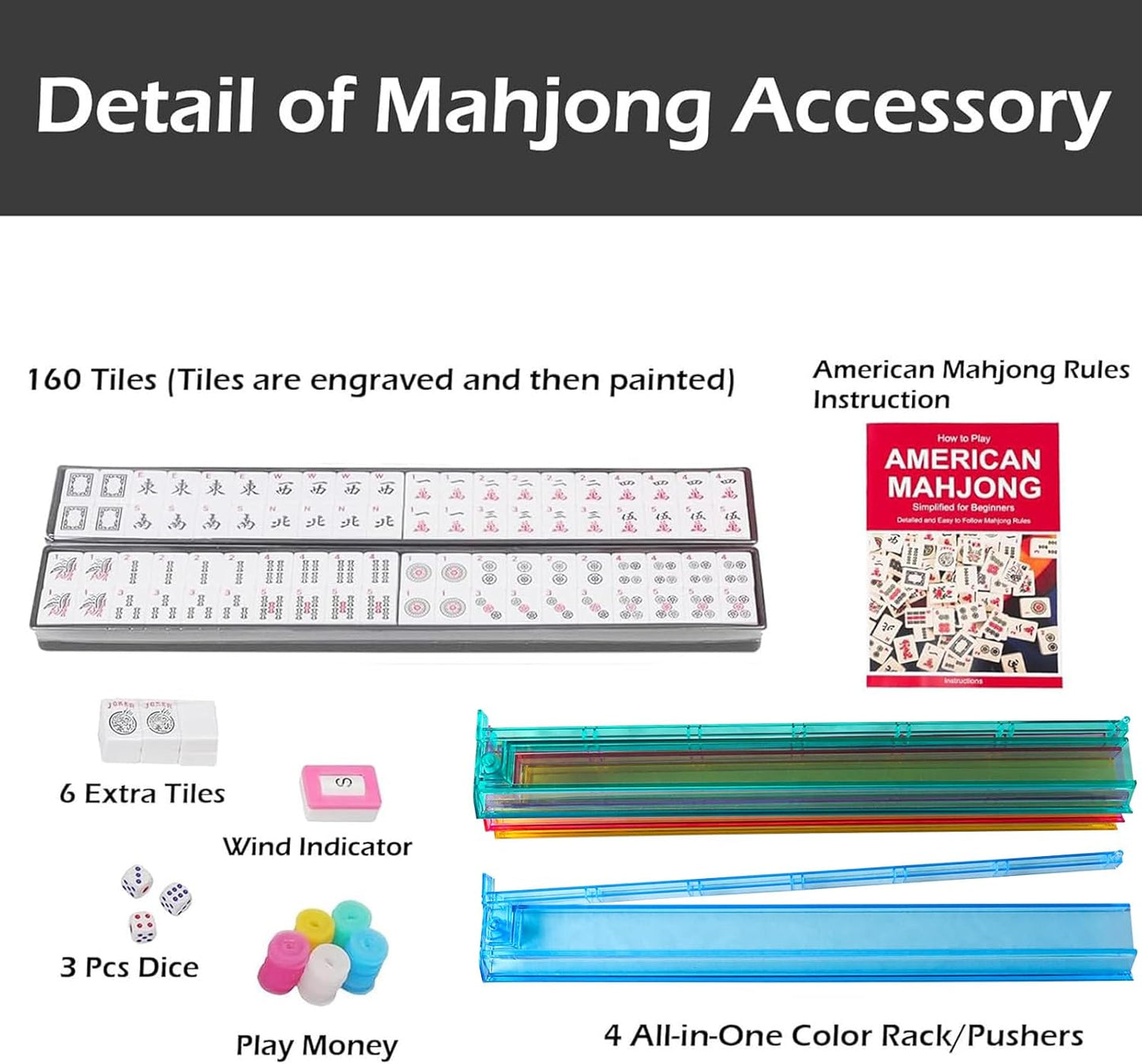 American Mahjong Game Set, 166 Quality White Tiles, 4 All-in-One Color Rack/Pushers, Mahjong Tile Set with Blue Printed Carrying Bag
