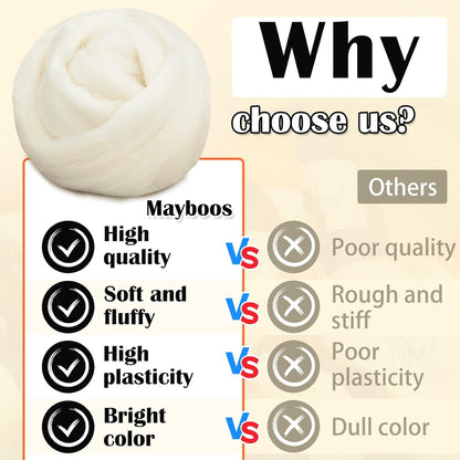 Mayboos Wool Roving Yarn, 1.76oz Colored Natural Wool Roving,Wool Felting Supplies Pure Wool Chunky Yarn for Wet Felting handcrafts and Spinning (White Color)