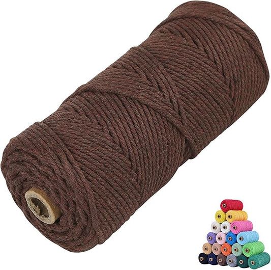 Natural Macrame Cord 3mm x 109yards Colored Macrame Cord 2mm/3mm/4mm/5mm/6mm Macrame Cotton Cord, Twisted Macrame Yarn, Soft Craft Cord Macrame Rope Macrame Supplies (Dark Coffee, 3mm*109Yards)