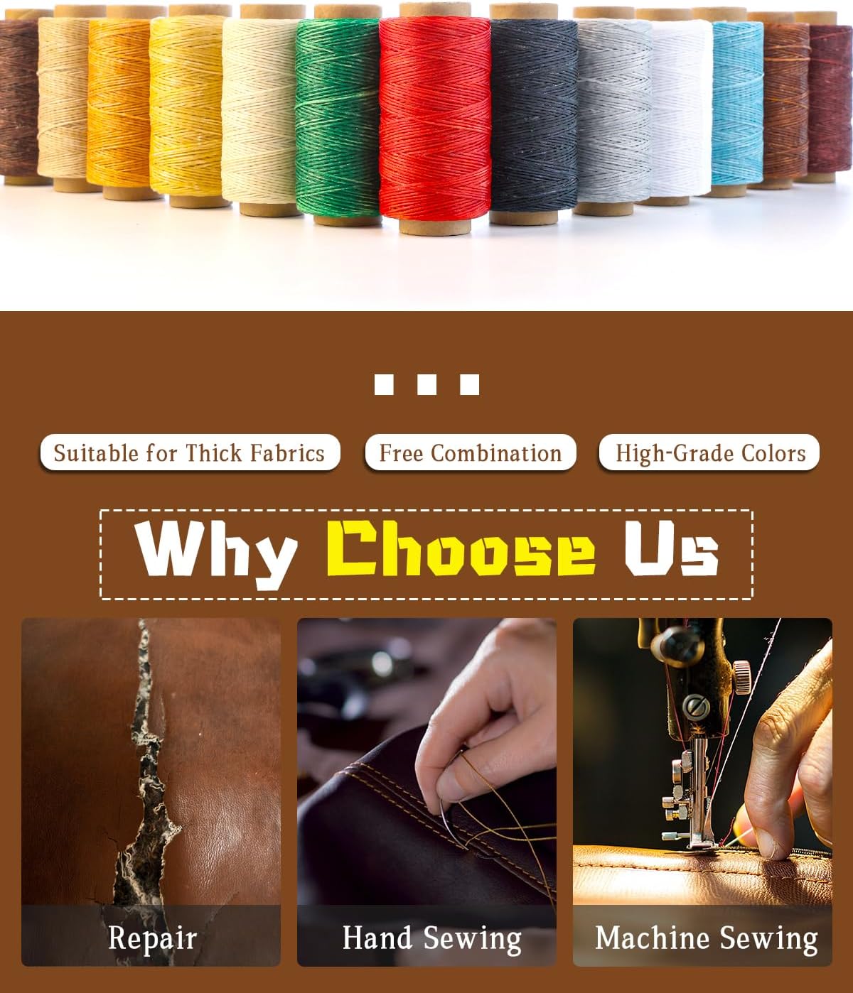 DIUDUS 218 Yards Waxed Leather Thread, Upholstery Thread Heavy Duty, Sewing Kit with Upholstery Needles, Wax String for Hand Sewing Repair Carpet Sofa Carseat Canvas (Dark Coffee)