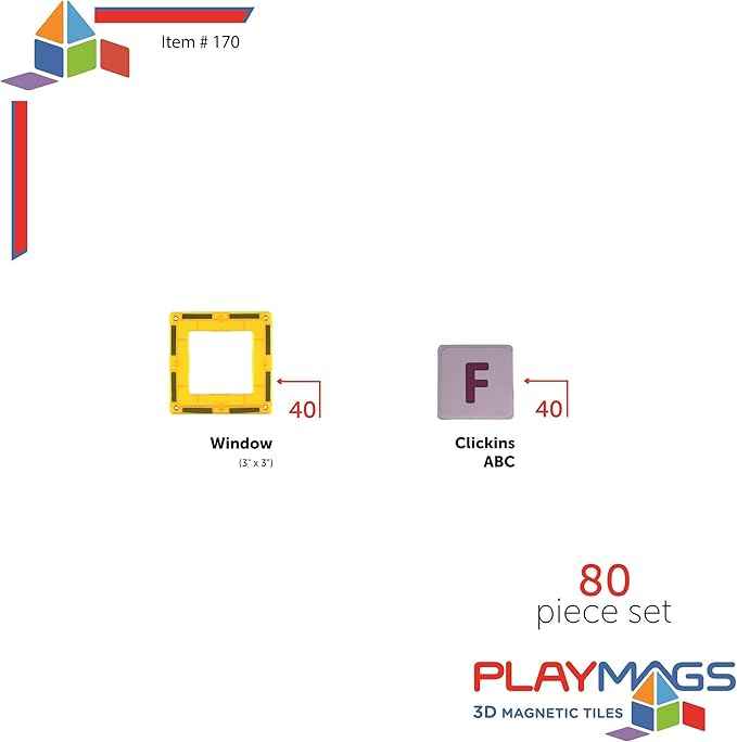 Playmags Magnetic Tile Building Set: Exclusive Educational Clickins – 80-Pc. Kit: 40 Super Strong Clear Color Magnet Tiles Windows & 40 Letters & Numbers – Stimulate Creativity & Brain Development
