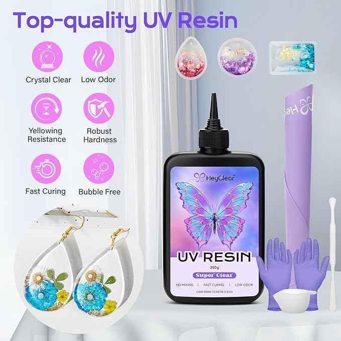 HeyClear 250g UV Resin kit -Crystal Clear, Hard UV Epoxy Resina para Manualidades Fast Curing Glue uv with Silicone Molds, Mat for Beginners Jewelry Making, DIY Crafts Art, Casting Coating