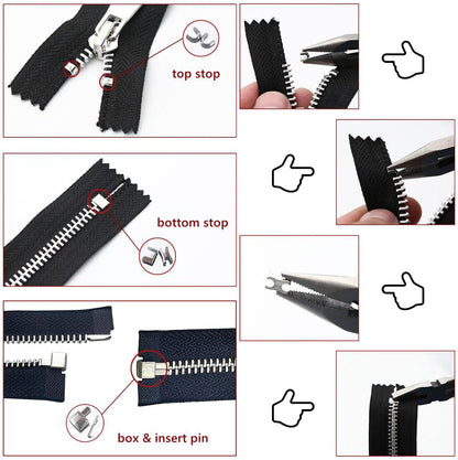 Platinum 48-Piece Metal Zipper Repair Accessories Set - DIY Sewing Kit with Zipper Head Slider, Retainer Box, Insert Pin, Top & Bottom Stoppers for 3# 5# 8# 10# Zippers