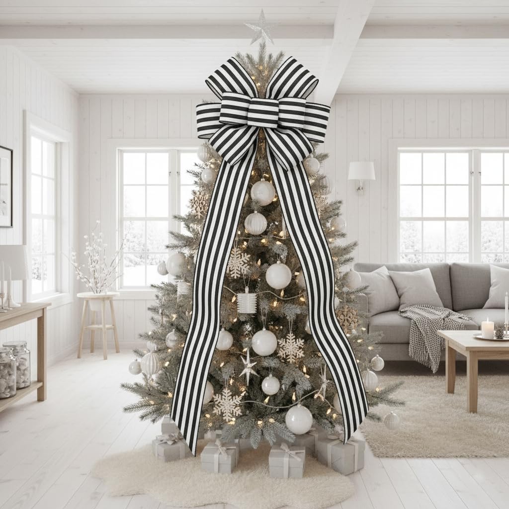 CT CRAFT LLC Striped Canvas Cotton Ribbon 2.5" x 10 Yards Ivory/Black Stripes for Thanksgiving Christmas Home Décor Gift Wrapping Outdoor Tree Topper Bow Wreath - Crafty Corner