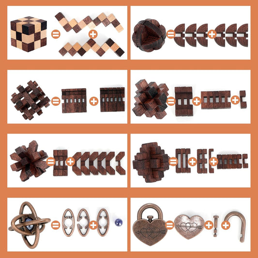 8 Pcs Brain Teaser Puzzles for Adults Teens - Metal Puzzles 3D Puzzle Game Toys for Adults Teens - Wooden Unlock Interlocking Puzzle Adult IQ Education Smart Toys