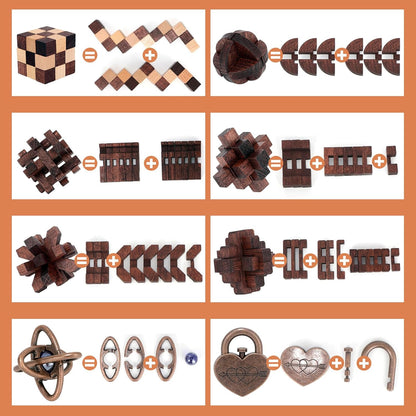 8 Pcs Brain Teaser Puzzles for Adults Teens - Metal Puzzles 3D Puzzle Game Toys for Adults Teens - Wooden Unlock Interlocking Puzzle Adult IQ Education Smart Toys
