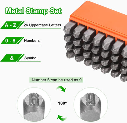 HARFINGTON 36pcs Metal Stamping Kit 5/16" (8mm) Steel Uppercase Letter and Number Punch Set (A-Z / 0-8 / "&" Symbol) Punch Press Tool with Case for Imprinting Metal Plastic Wood Leather