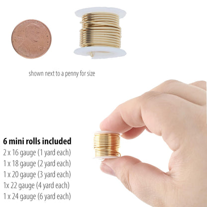 The Beadsmith Craft Wire Assortment - Tarnish-Resistant Copper Wire for Jewelry Making, 6-Pack, 0.75-Inch Mini Spools, Varying Lengths, 16-24 Gauge, Gold Color, Medium Temper - Crafty Corner