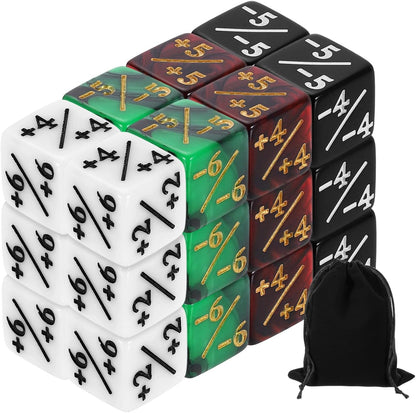 uxcell 24Pcs Magic Dice Counters, Acrylic D6 Life Token Dice Set with Pouch for Standard Cards Gaming Accessories, White, Black, Red & Black, Green & Black