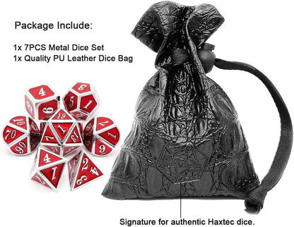 Haxtec Metal Dice Set D&D Red Silver DND Dice Set for Dungeons and Dragons RPG Games Leather Dice Bag DND Gifts-Glossy Enamel Dice (Silver Red)