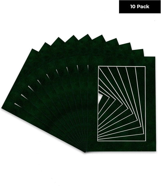 Pack of TEN 11x14 Mats Bevel Cut for 8.5x11 Photos - Acid Free Green Suede Precut Matboards For Pictures, Photos, Framing - 4-ply Thickness