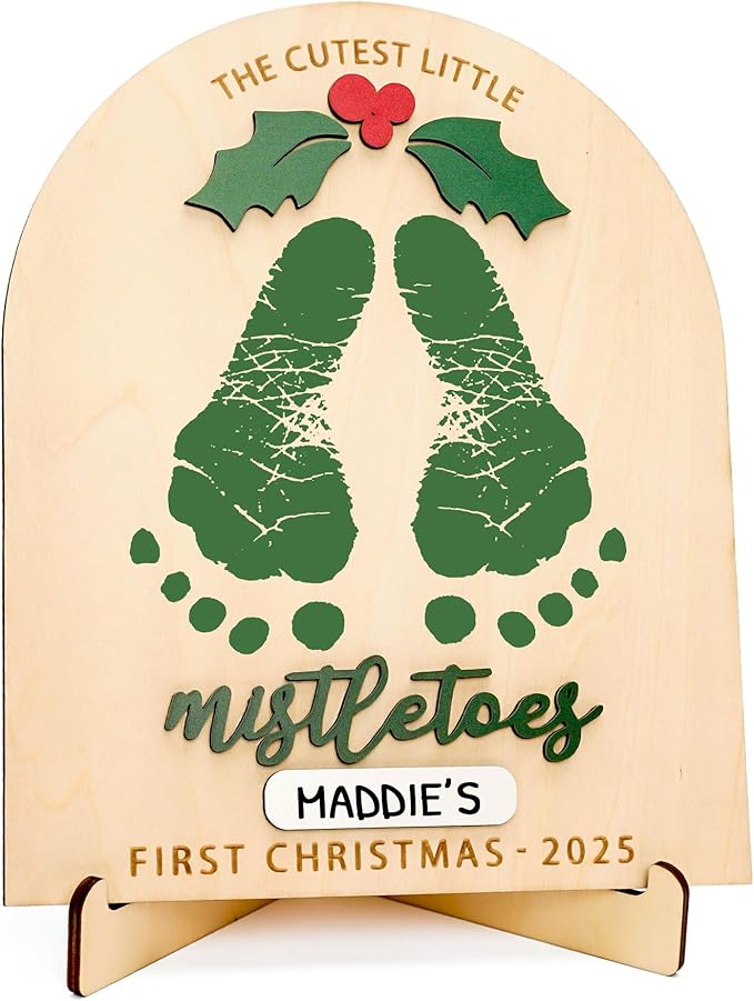 DIY Baby Footprint Keepsake Board with Name Box - Pen/Paint Not Included, Personalized Baby’s First Christmas 2025, Mistletoes Footprint Art, Nursery Footprint Decorative for Baby Shower Newborn