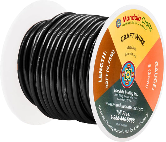 Mandala Crafts 8 Gauge Anodized Aluminum Craft Wire for Jewelry Making - 32 FT Colored Flexible Black Wire - Bendable for Bonsai Armature Crafting Sculpting - Crafty Corner