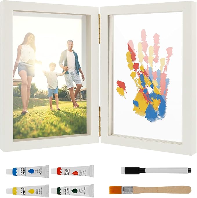 Family Handprint Kit, Family Handprint Photo Frame, Baby Hand and Footprint Handmade Keepsake Wooden Frame with 4 Non-Toxic Baby-Safe Paint, Hand print Art Craft DIY Kit for Home Mother's Day and more