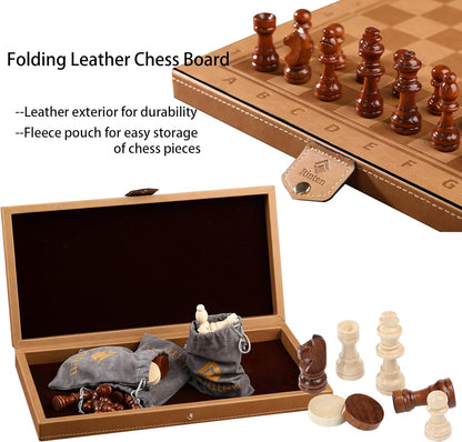 15" Magnetic Chess Set & Checkers Set 2 in 1，Rinten Leather Portable Travel Chess Board Game Sets with Velvet Bag Packaging Beginner Large Chess Set for Kids and Adults