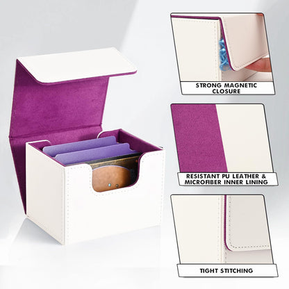 ZLCA Card Deck Box for Trading Cards, MTG Commander Deck Box Holds 120+ Single Sleeved, Leather Magnetic Card Storage Case Fits for TCG CCG Magic(White& Purple)