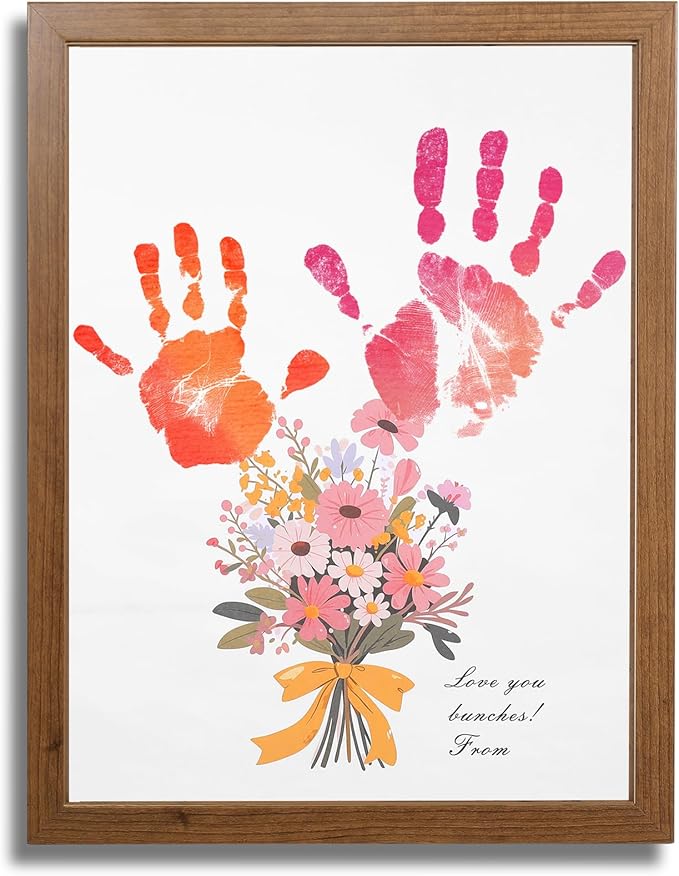 Bixinyo Flower Bouquet Handprint Kit, Mother's Day for Grandma, Mom, Grandparents from Daughter/Kids, Unique Gifts for Birthday Christmas, DIY Art Craft 12" X 16" Frame (Bow, Teak)