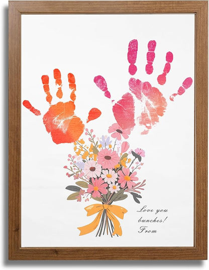 Bixinyo Flower Bouquet Handprint Kit, Mother's Day for Grandma, Mom, Grandparents from Daughter/Kids, Unique Gifts for Birthday Christmas, DIY Art Craft 12" X 16" Frame (Bow, Teak)
