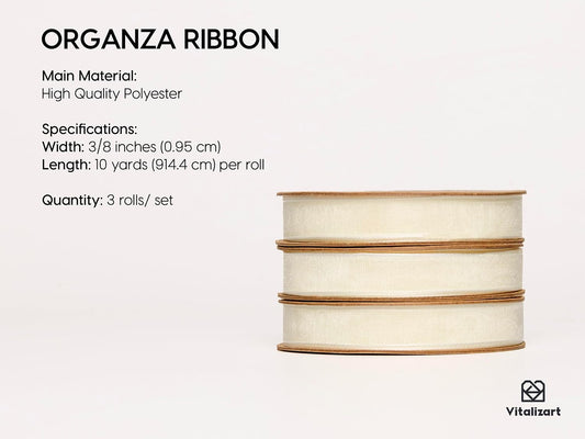 Vitalizart 3/8" x 30Yd Organza Ribbon Cream White Sheer Ribbons Set 10 Yd x 3 Rolls Ivory Handmade Eco-Friendly for Gift Wrapping Christmas Tree Crafts Bows Wedding Invitations Wreaths - Crafty Corner