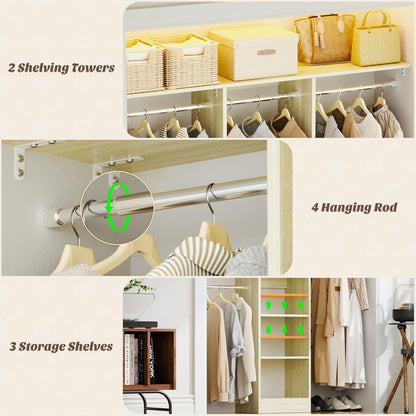 48" Small Closet Organizer, 4FT Small Closet System with 4 Closet Rods & 3 Shelves, 80"H Small Closet Organizers and Storage for Small Bedooms, Cloakrooms, Laundry Rooms, White Oak