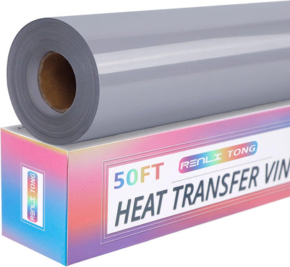RENLITONG Grey Iron on Vinyl 12Inch by 50ft Roll HTV Heat Transfer Vinyl for T-Shirt HTV Rolls for All Cutter Machine - Easy to Cut & Weed for Heat Transfer Design