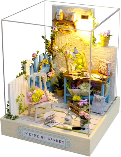 DIY Miniature House Kit, Mini House Building Kit with LED & Dust Cover, DIY Wooden Dollhouse Miniature Kit for Adults Teen, Wooden Crafts Lovely Dollhouse Kit, Corner of Garden