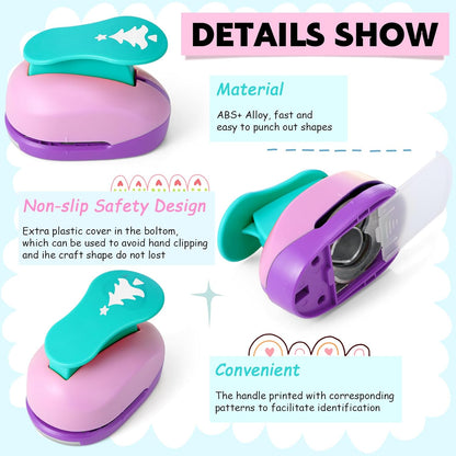 CHENGU 16 Pcs Craft Holes Punch Paper Punchers Scrapbook Punches with Craft Sticker Paper, Round, Star, Square, Heart, Flower, Wave Circle Shape (1 Inch,Christmas) - Crafty Corner