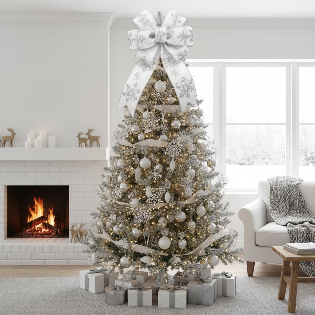 CT CRAFT LLC White Satin with Silver Snowflake Wired Ribbon 2.5 Inch x 10 Yards for Christmas Home Decor Tree Topper Bow Gift Wrapping DIY Crafts Wreath Garland - Crafty Corner