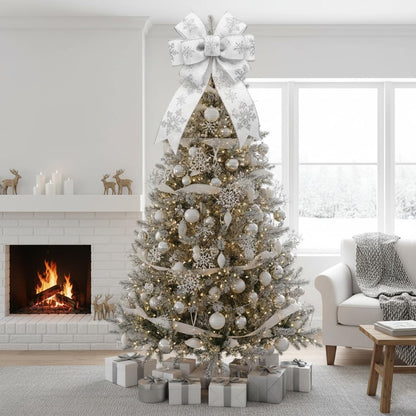 CT CRAFT LLC White Satin with Silver Snowflake Wired Ribbon 2.5 Inch x 10 Yards for Christmas Home Decor Tree Topper Bow Gift Wrapping DIY Crafts Wreath Garland - Crafty Corner