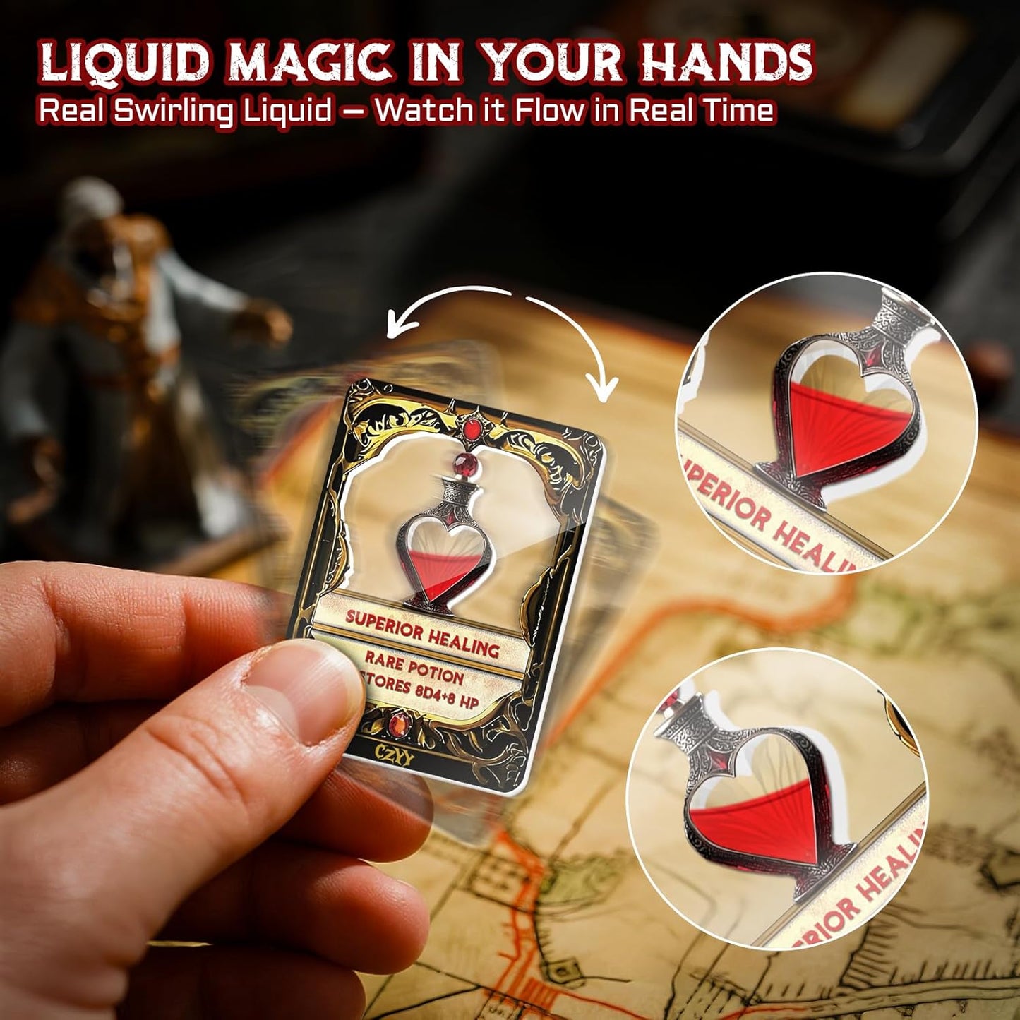 DND Healing Potion Cards Set - 15 Acrylic Fantasy Potion Tokens with Real Red Liquid | Ideal for Dungeon Masters, Tabletop RPG Players, Collectors & Immersive Game Nights (Style A)