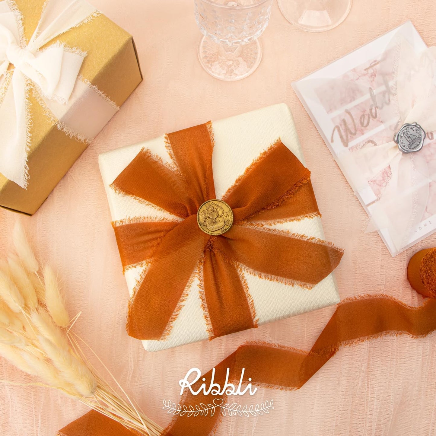Ribbli Fall Chiffon Ribbon 1.5 inch x 30 Yard Handmade Silk, Cream/Beige/Terracotta Fringe Chiffon Ribbon for Wedding Invitations, Bridal Bouquets Wrapping, Flower Arrangement Decoration - Crafty Corner