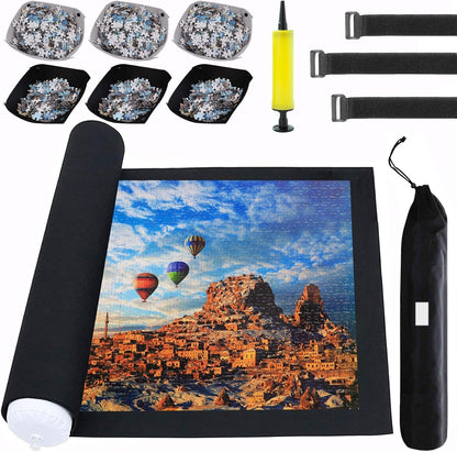 Puzzle Mat Roll Up for 3000 2000 1500 Pieces Jigsaw Puzzles, Large Portable Pad Table Non-Slip Board Saver Mats with 6 Sorting Trays, Inflatable Tube, 3 Straps, Keeper Storage Bag, Adults Gifts