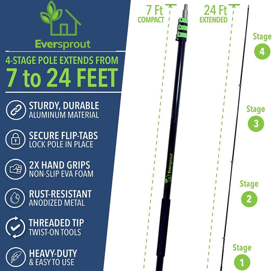 EVERSPROUT 7-to-24 Foot Telescopic Extension Pole (30 Foot Reach) | Heavy-Duty Sturdy Aluminum | Easy Flip-Tab Lock Mechanism | Twist-On Metal Tip Works for Squeegee, Duster, Paint Roller (Pole only)