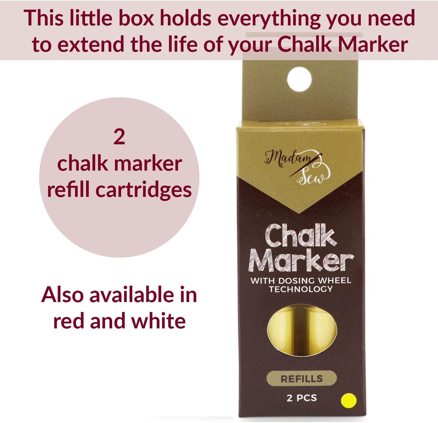 Madam Sew Fabric Chalk Markers for Sewing & Quilting | Refillable Tailors Chalk for Fabric Marking with Dosing Wheel | Ideal for Marking on Cotton, Knit, Suede (Yellow)