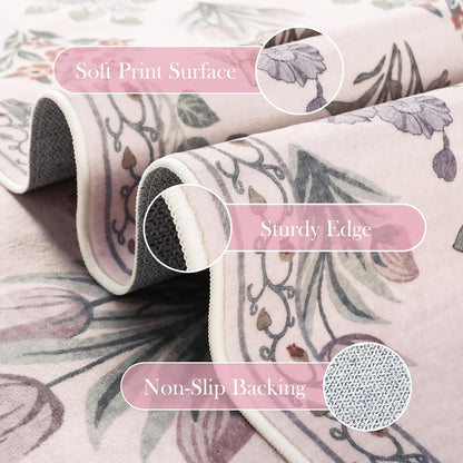 Wonnitar Boho Floral 3x5 Washable Rug, Ultra-Thin Pink Small Rugs for Bedroom, Soft Non Slip Moroccan Throw Carpet for Nursery Girls Bedside Dorm Room Decor, Pale Pink