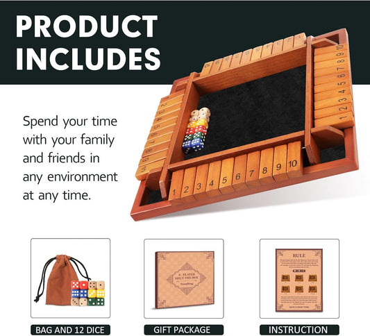Upgraded 1-4 Players Shut The Box Dice Game, Wooden Board Table Family Game for Kids and Adults with 12 Dice, Classic Tabletop Math Game for Pub Classroom Party, Gift for Christmas Birthday
