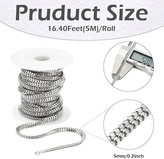LiQunSweet 16.4 Feet(5m) 304 Stainless Steel Snake Chains Unfinished Snake Chain for Jewelry Making Men Women Bracelet Necklace DIY - 5mm