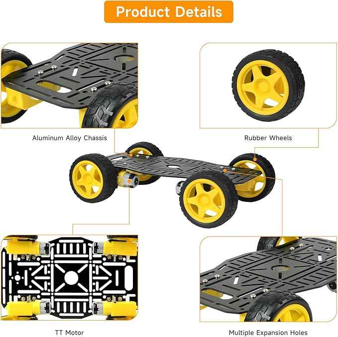 4WD Robot Car Chassis Kit for Arduino Raspberry Pi with Aluminum Alloy Chassis, TT Motor, 4 Wheels, Robot Car Platform for Robotics Projects, DIY Robot Chassis