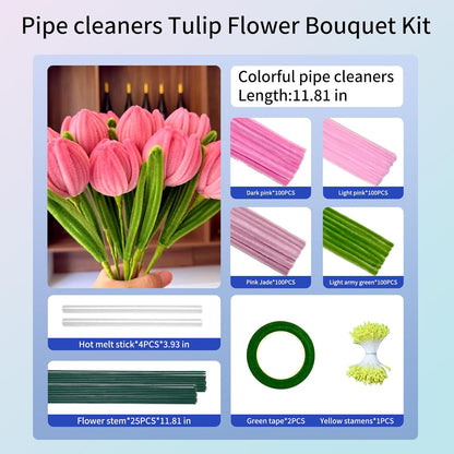 400 Pcs Pipe Cleaners Craft with Pastel Colors, Chenille Stems Flowers Craft Kit with Floral Wires, Floral Tape, Stamen & Ribbon, Pink Pipe Cleaner Flower Kit for Wedding Gift, Holiday Decoration