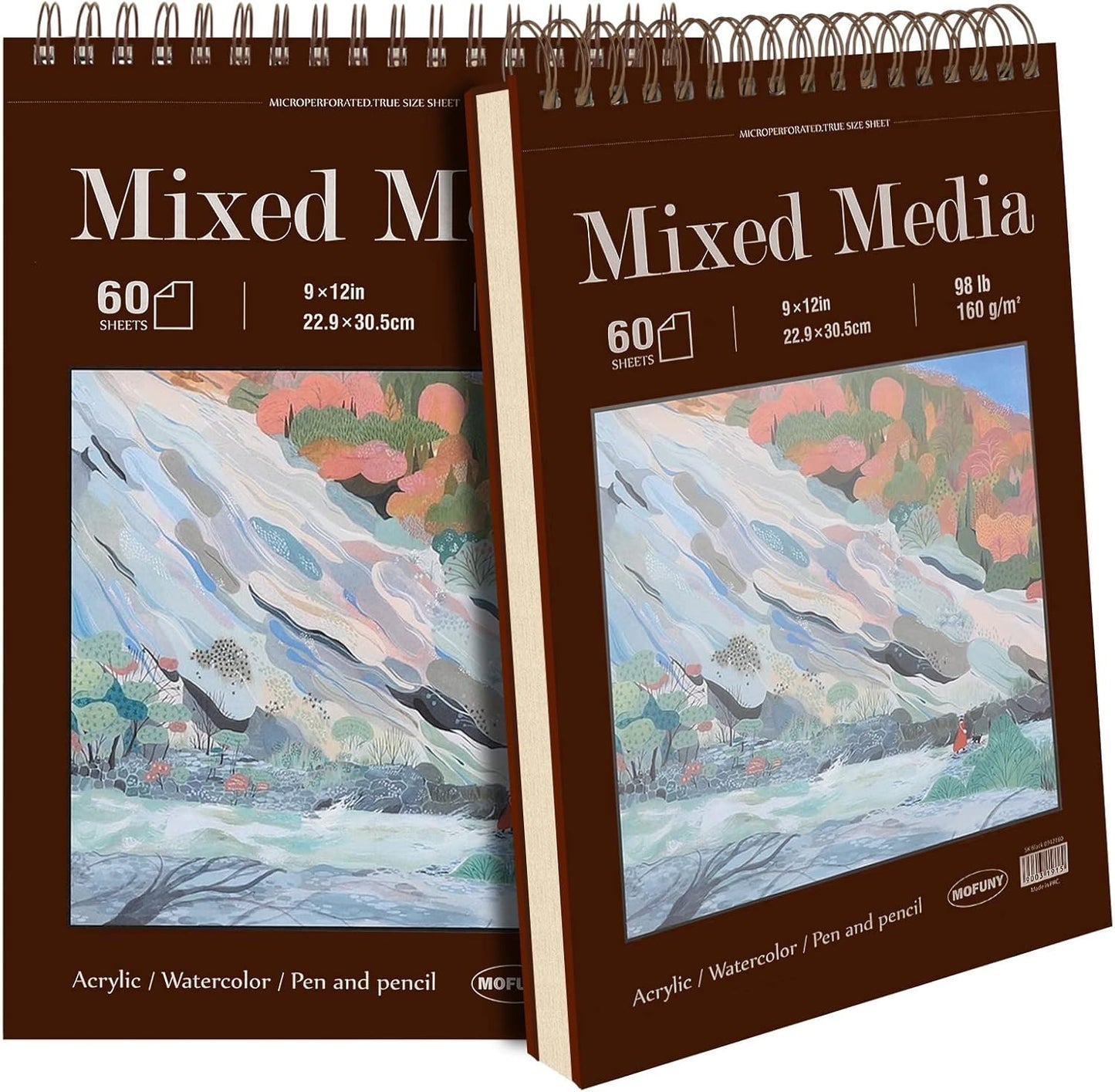 Mixed Media Sketchbook 9" x 12", 60 Sheets Each (98lb/160gsm), 2 Pack, Heavyweight Drawing Papers, Top Spiral Bound Hardcover Sketchbook, for Wet and Dry Media, Drawing, Painting - Crafty Corner