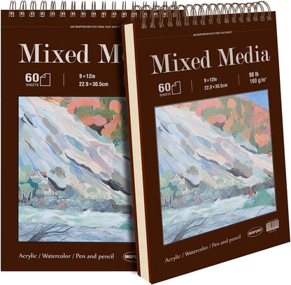 Mixed Media Sketchbook 9" x 12", 60 Sheets Each (98lb/160gsm), 2 Pack, Heavyweight Drawing Papers, Top Spiral Bound Hardcover Sketchbook, for Wet and Dry Media, Drawing, Painting - Crafty Corner