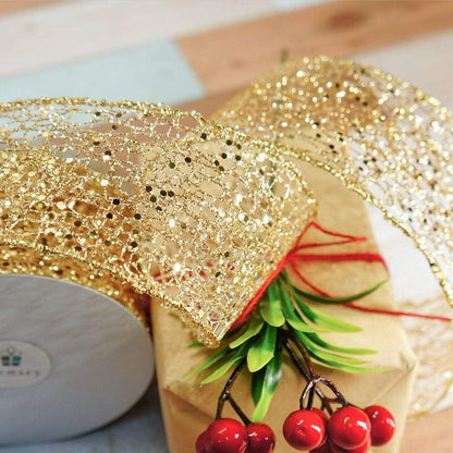 CT CRAFT LLC Sparkling Glitter Mesh Wired Ribbon 2.5" x 10 Yards Gold for Christmas Home Decor Bow Gift Wrapping DIY Crafts Wreath - Crafty Corner