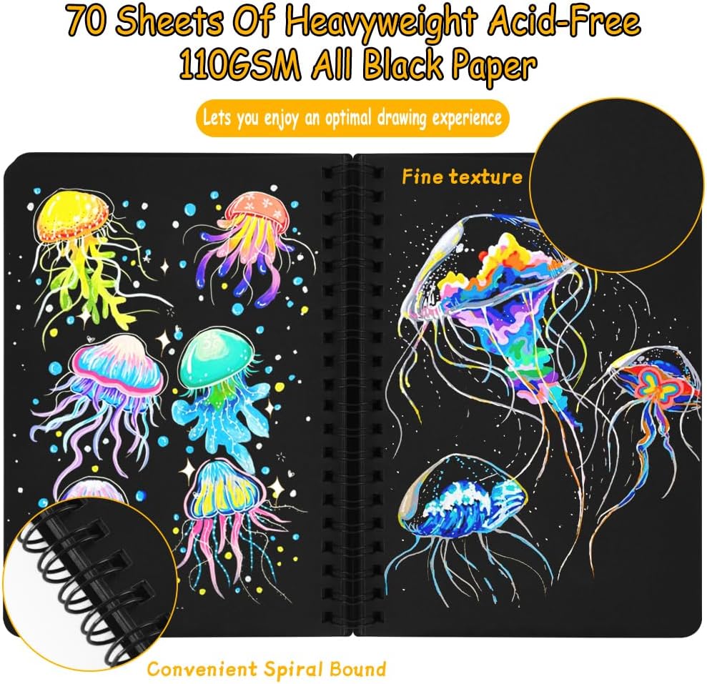 5x7in Black Paper Mixed Media Sketchbook, 110gsm Spiral Bound Art Journal Sketchbook, 70Sheets Acid-Free Travel Pocket Sketch Pad for Drawing, Illustration, Ideal for Most Dry Media - Crafty Corner