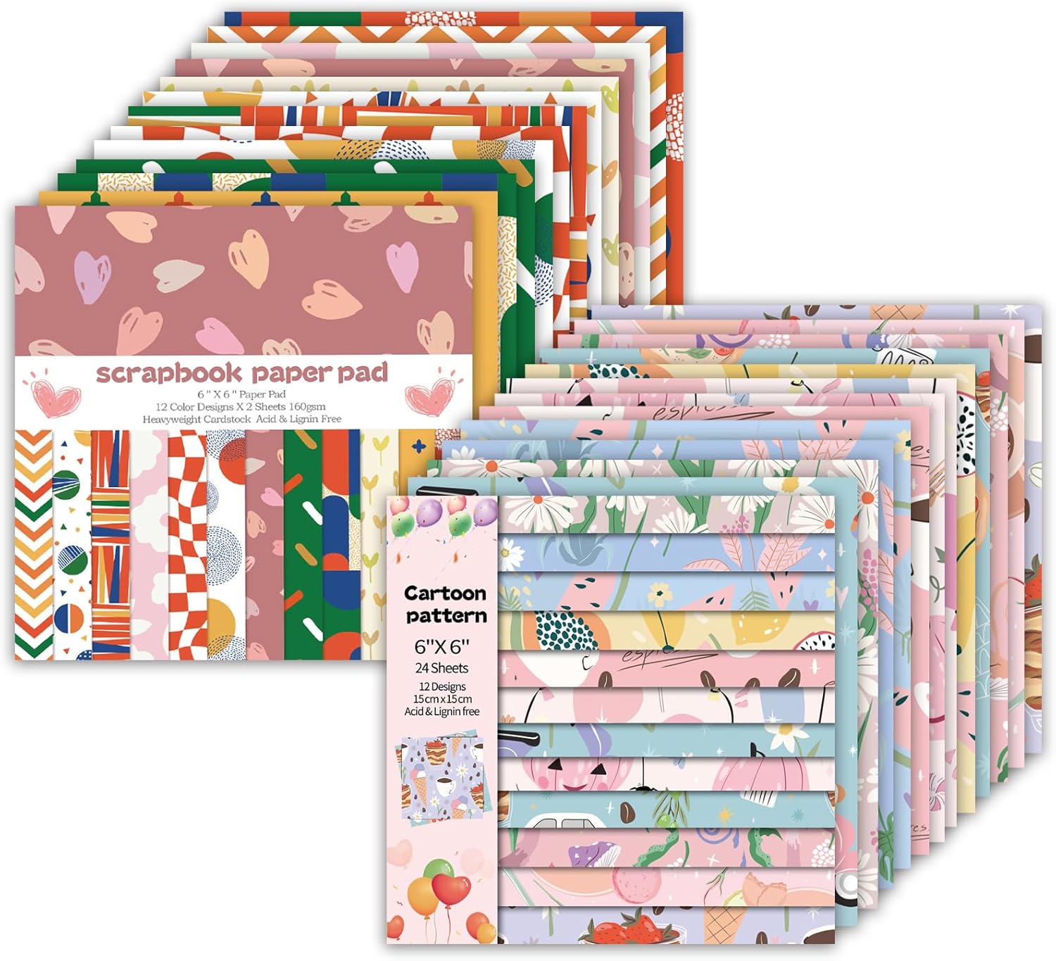 48 Sheets 24 Designs Scrapbook Paper Pad, 6"×6" Single-Sided Decopodge Craft Cardstock Paper,Scrapbooking DIY Decorative Background Cardmaking Supplies.Sweet Love&Cartoon - Crafty Corner