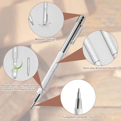 2Pcs Tungsten Carbide Tip Scriber With 12 Replacement Marking Tip, Aluminium Magnet Carbide Scribe Tool Etching Pen With Clip, Metal Engraving Pen for Glass / Ceramics / Hardened Steel / Metal Sheet
